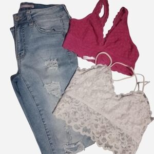 Women's Lace Bralette Set - Pink and White